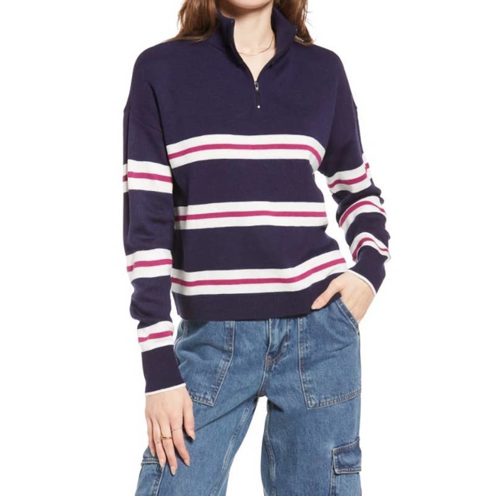 BP. Sweater Small Womens Navy Half Zip Mock Neck Navy Pink White Stripe